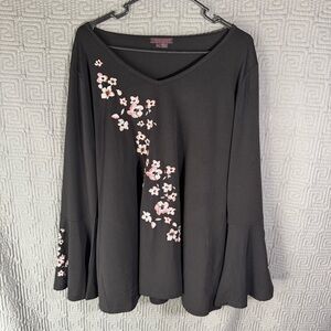 Fontana Blouse Women’s Size XL Black Floral Y2K Embroidery Long Bell Sleeves